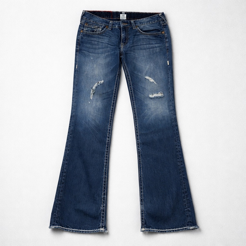 True Religion Distressed Flare Jeans in Dark Blue